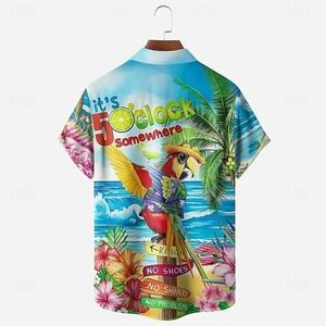 Jogal Parrot Sign 5 O'clock Somewhere Bar Hawaiian Men's Button Shirt Size 2XL